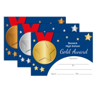 Certificate: Quick Personalised - Gold, Silver Bronze Medals (Blue Background, 3 designs,48 Certs/Pack)
