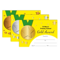 Certificate: Quick Personalised - Gold, Silver Bronze Medals (Yellow Background, 3 designs,48 Certs/Pack)
