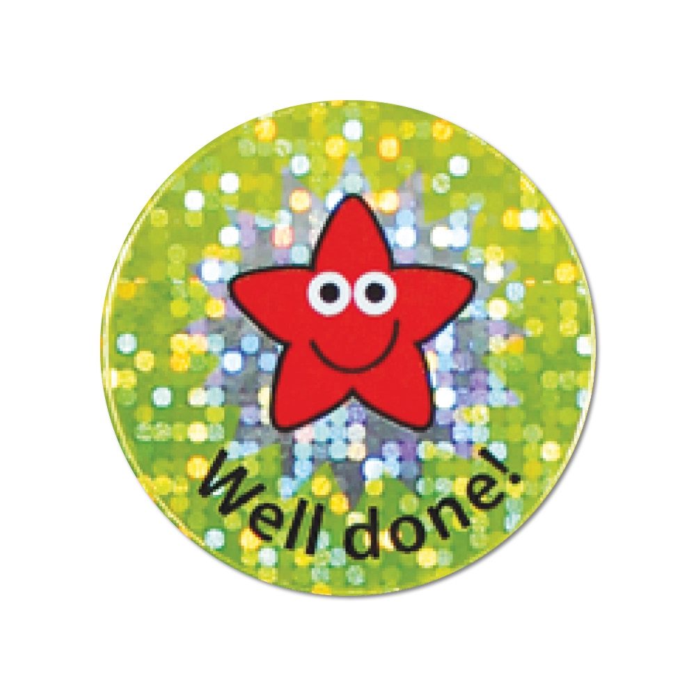 Sparkly star stickers with a Well Done praise message - SuperStickers