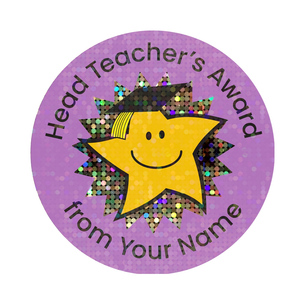 Quick Personalised Sparkly Stickers: Head Teacher`s Award From The Sticker Factory (35mm)